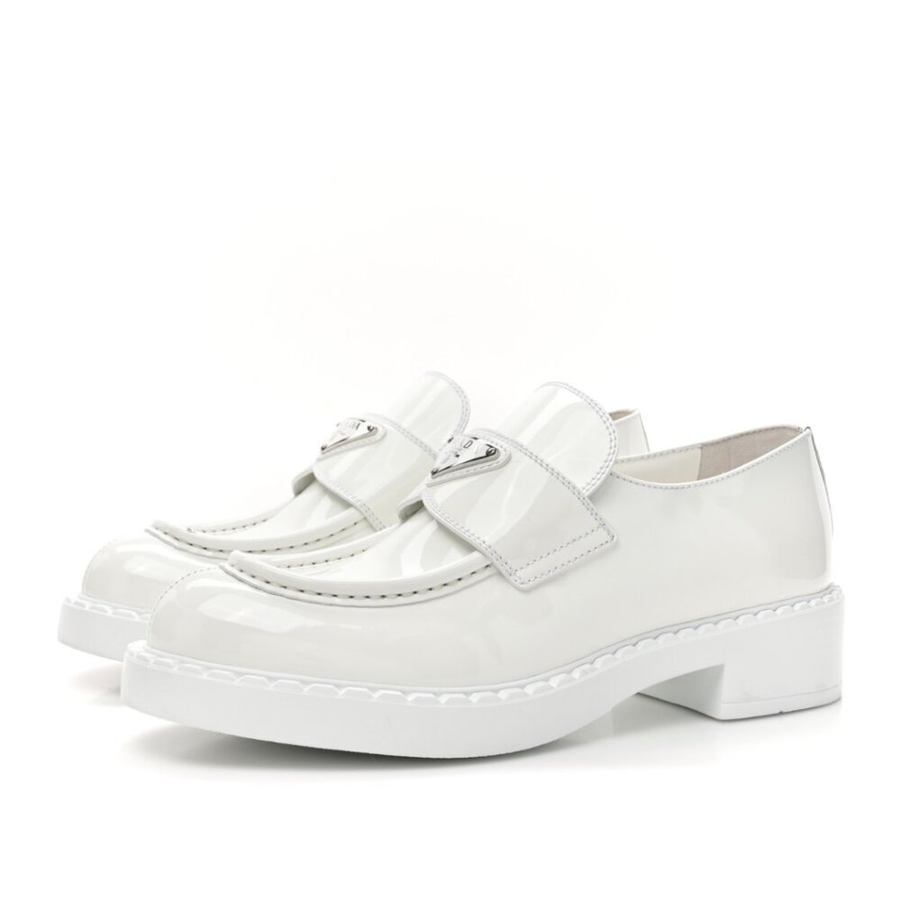 NWT Prada Loafers Vernice White Patent Leather Triangle Logo Chunky Sole